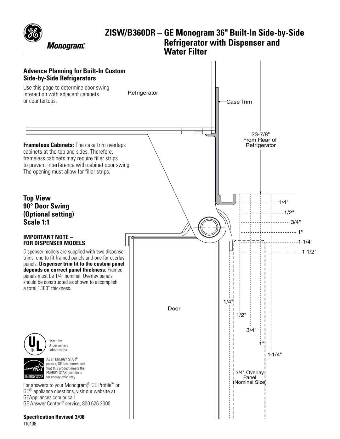 GE ZISW/B360DR dimensions Door Swing Optional setting Scale, Total 1.100 thickness Door 