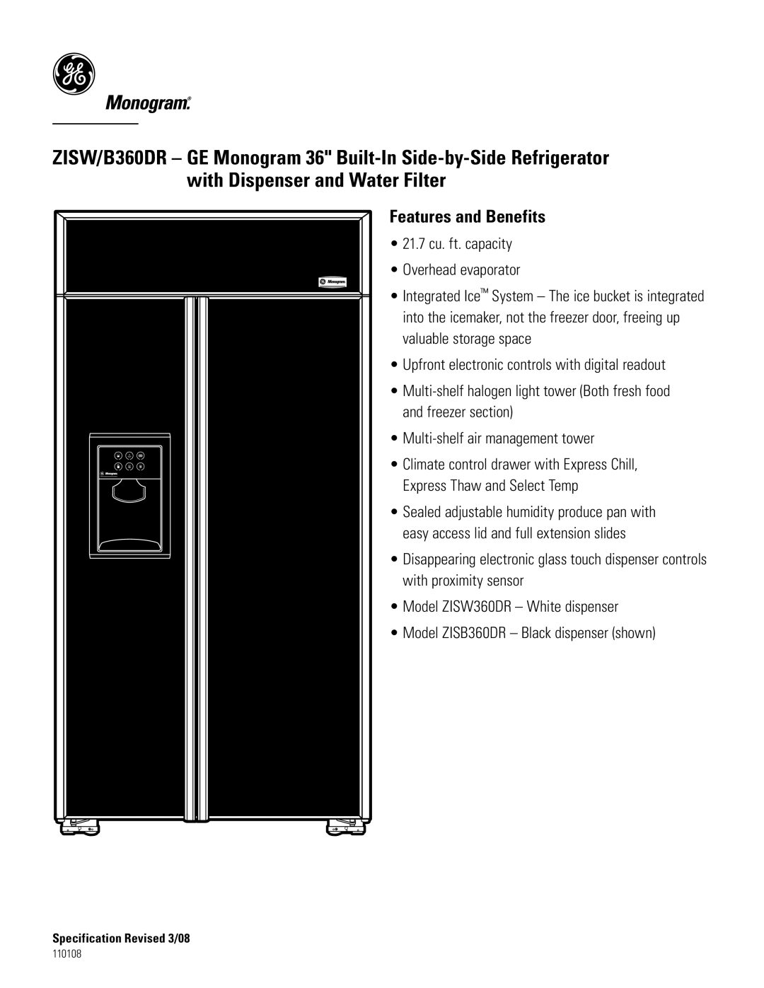 GE ZISW/B360DR dimensions Features and Benefits 