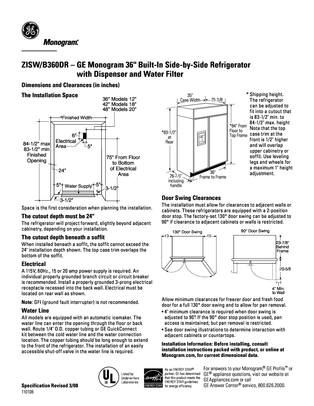 GE ZISW/B360DR dimensions Dimensions and Clearances in inches, The cutout depth must be, Door Swing Clearances, Electrical 