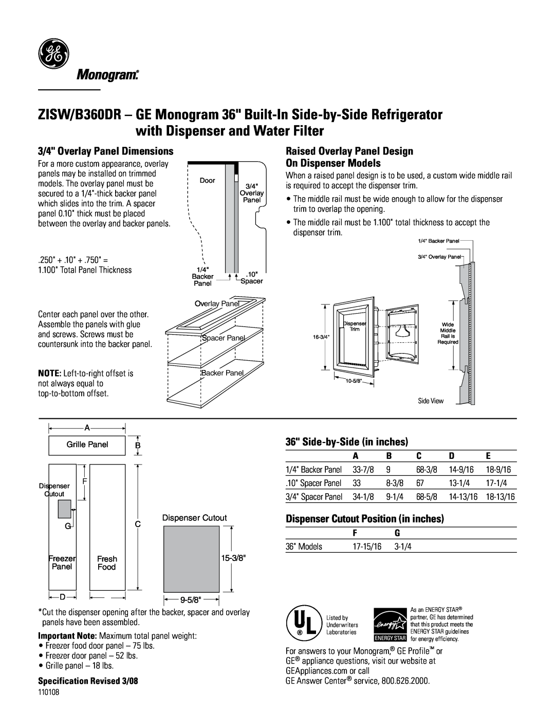 GE ZISW/B360DR Raised Overlay Panel Design On Dispenser Models, Side-by-Side in inches, 3/4 Overlay Panel Dimensions 