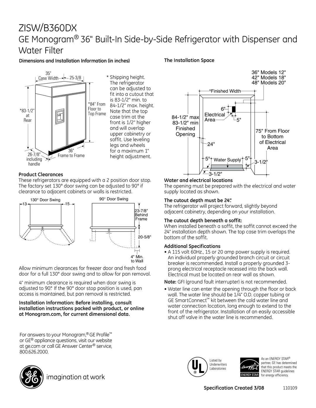 GE ZISW/B360DX dimensions Product Clearances, Water and electrical locations, Cutout depth must be 