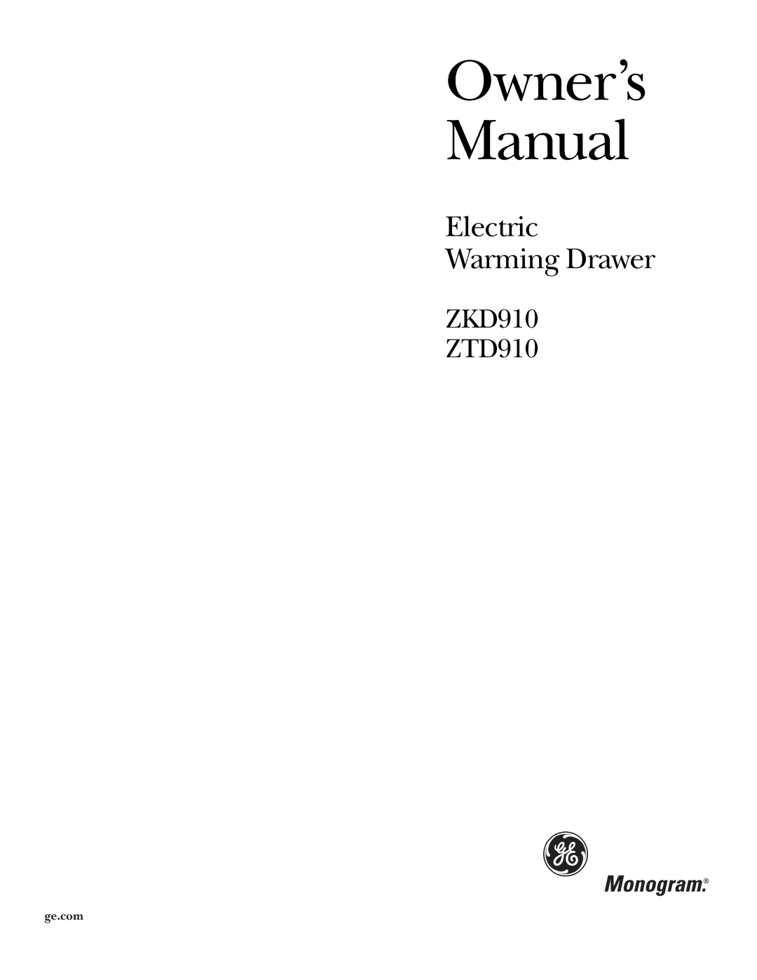 GE ZKD910 owner manual Electric Warming Drawer 