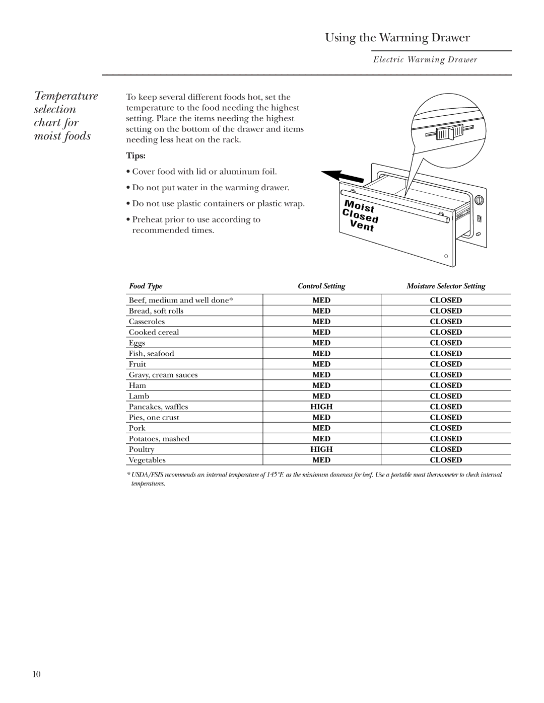 GE ZKD910 owner manual Temperature selection chart for moist foods 