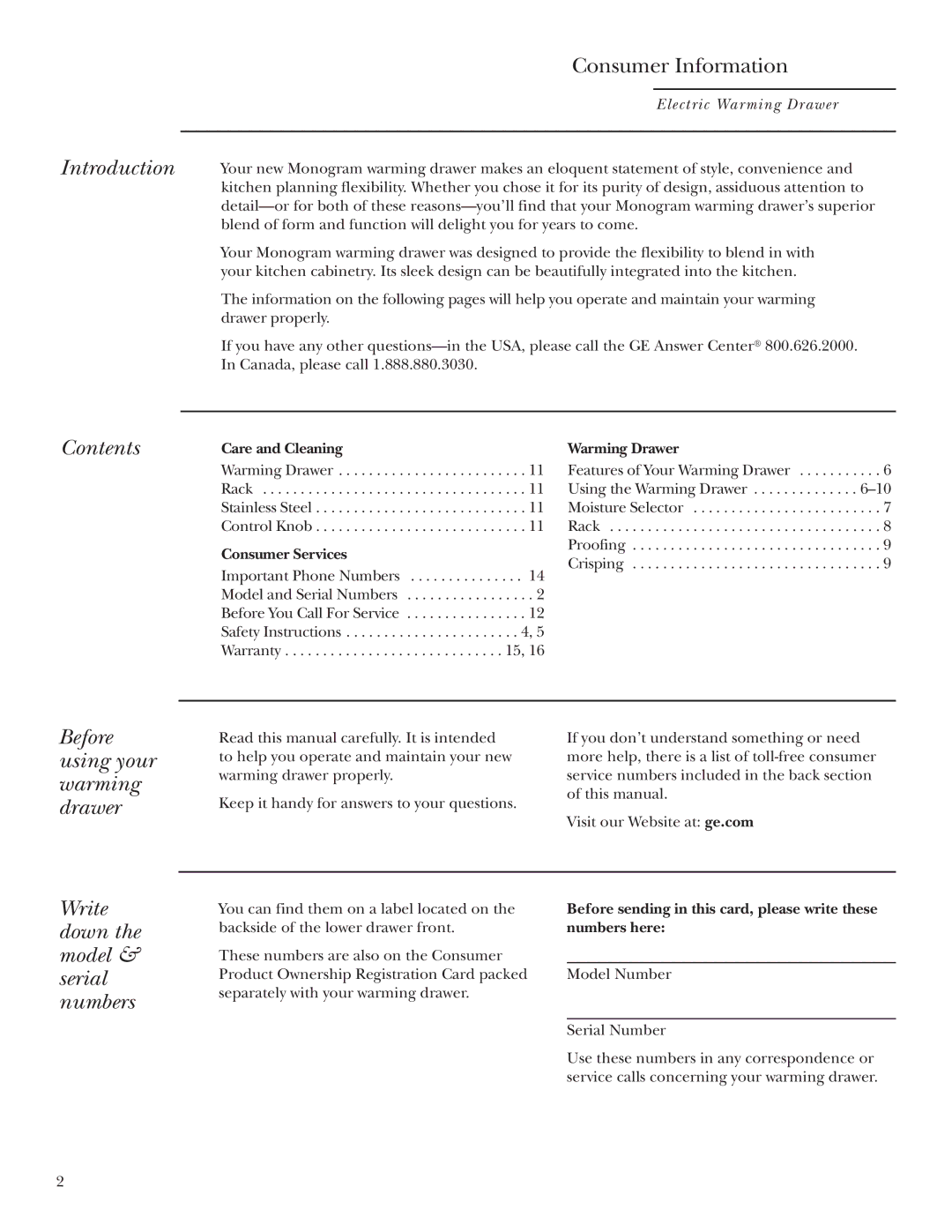 GE ZKD910 owner manual Introduction, Contents, Before using your warming drawer, Write down the model & serial numbers 