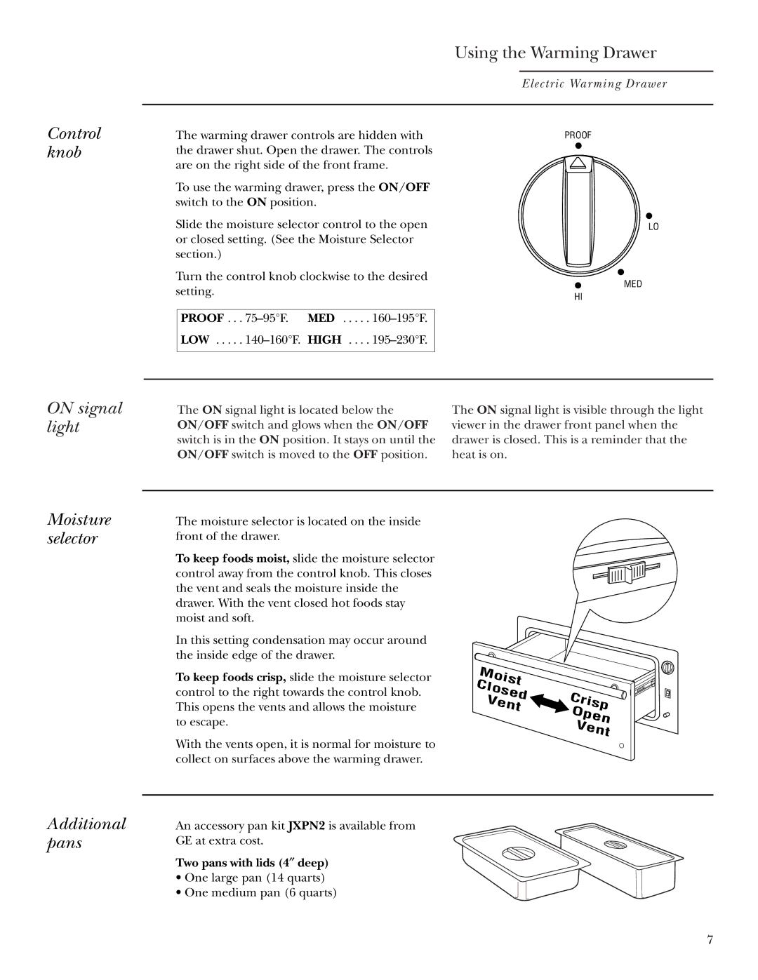 GE ZKD910 owner manual Control knob, On signal light Moisture selector, Additional pans 