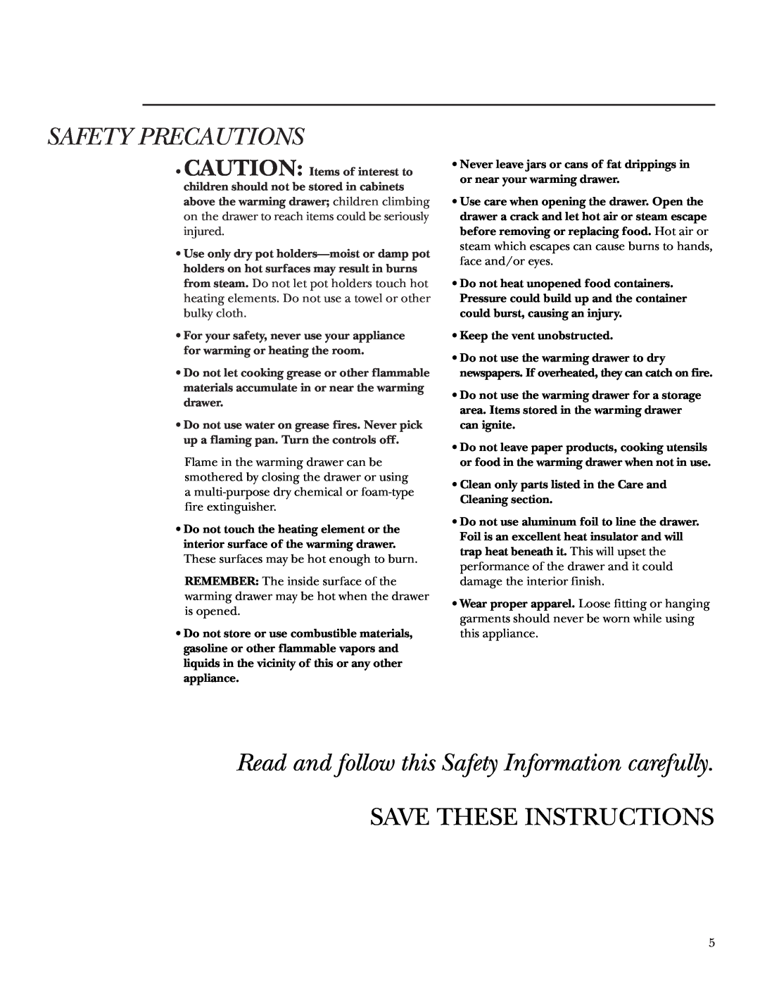 GE ZKD910 owner manual Read and follow this Safety Information carefully, Save These Instructions, Safety Precautions 