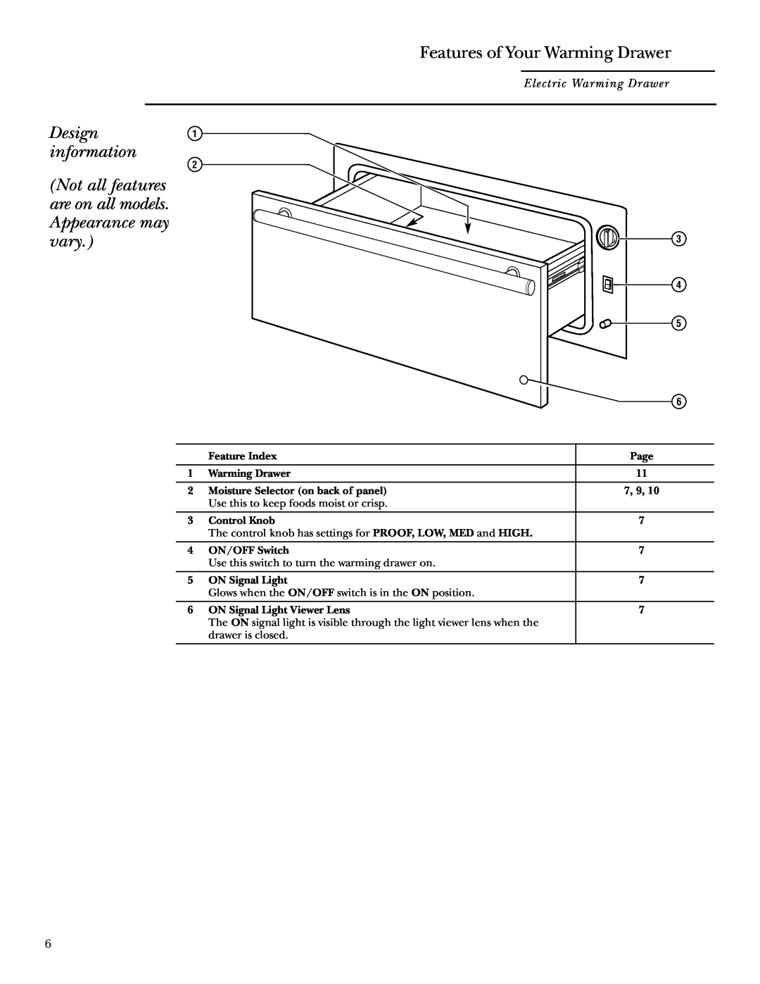 GE ZKD910 owner manual Features of Your Warming Drawer, Design information 