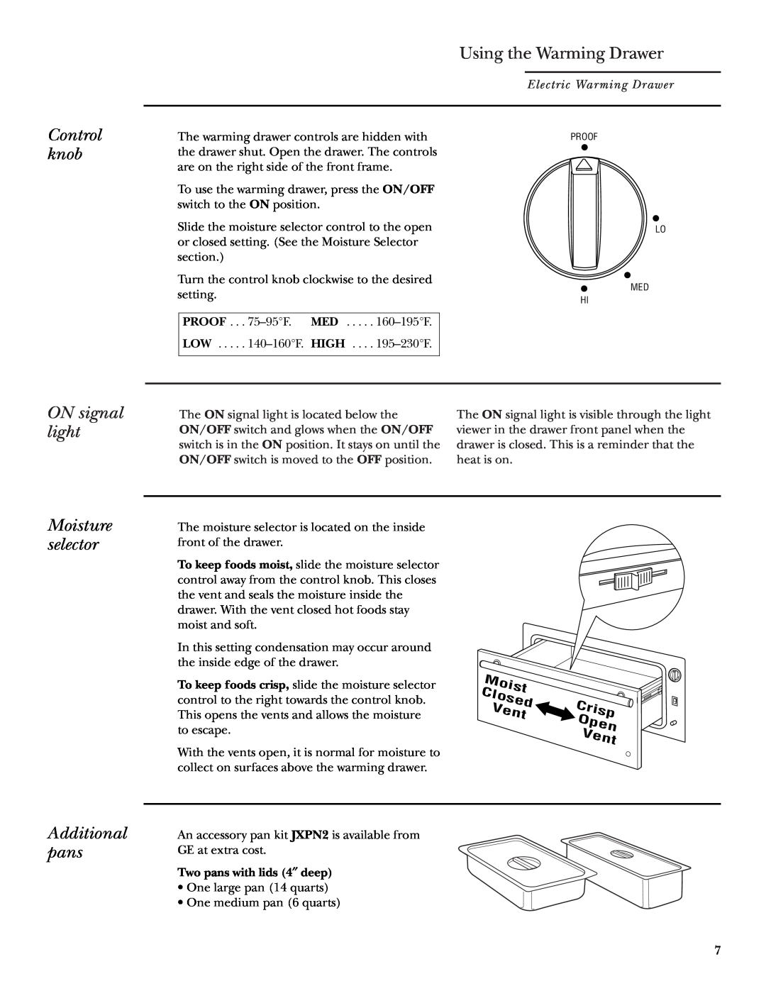 GE ZKD910 owner manual Using the Warming Drawer, Moist, Closed, Crisp, Vent, Open 