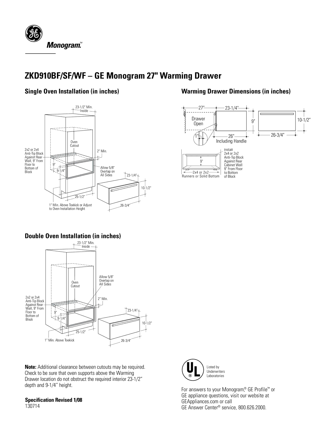 GE ZKD910BF dimensions Single Oven Installation in inches, Double Oven Installation in inches, Specification Revised 1/08 