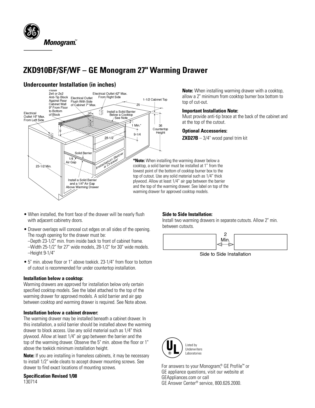 GE ZKD910BF dimensions Undercounter Installation in inches 