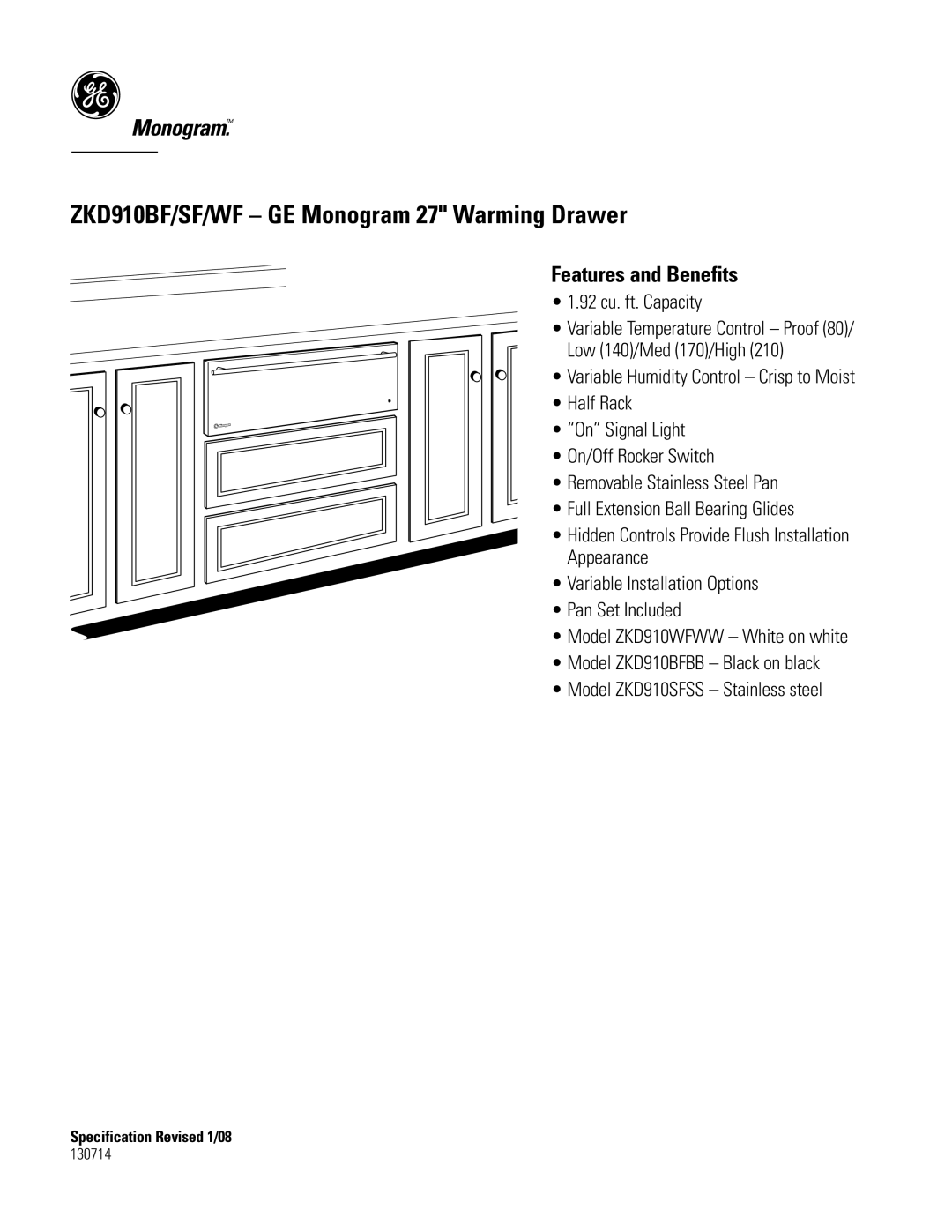 GE ZKD910BF dimensions Features and Benefits 