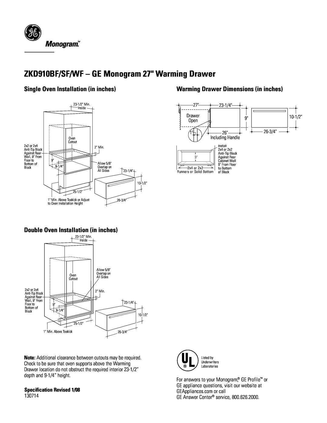 GE dimensions ZKD910BF/SF/WF - GE Monogram 27 Warming Drawer, Single Oven Installation in inches, 23-1/4, 10-1/2 