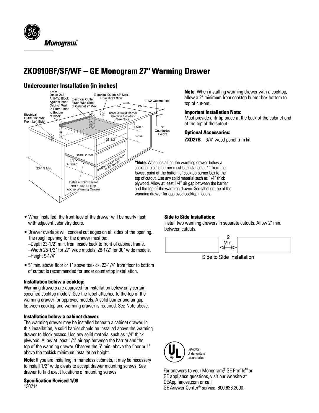 GE ZKD910BF/SF/WF - GE Monogram 27 Warming Drawer, Undercounter Installation in inches, Important Installation Note 