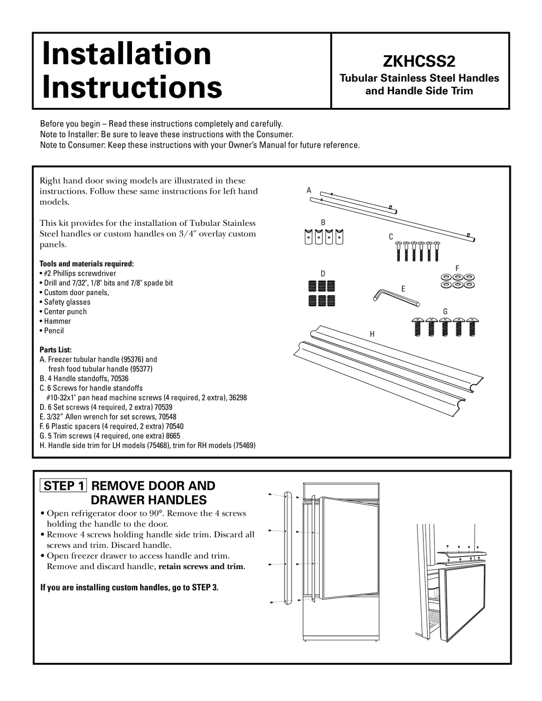 GE ZKHCSS2 installation instructions Installation Instructions 