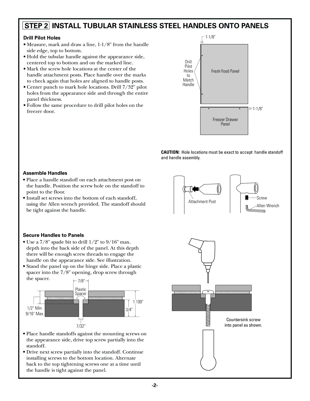 GE ZKHCSS2 installation instructions Install Tubular Stainless Steel Handles Onto Panels, Drill Pilot Holes 