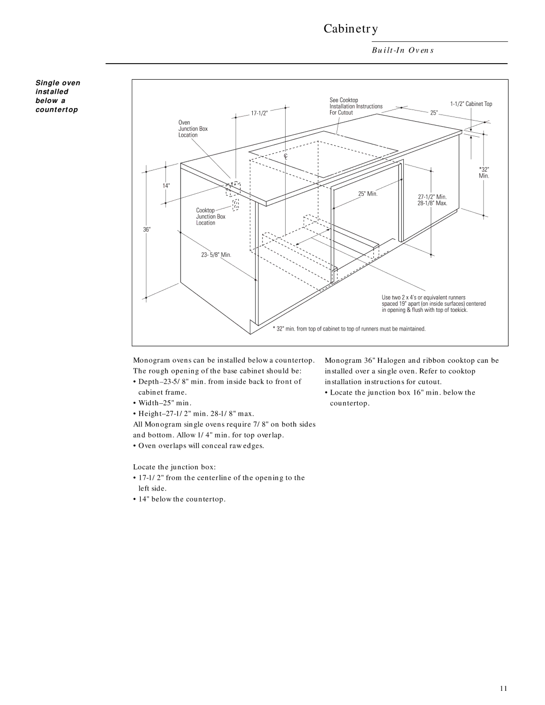 GE ZEK737BW, ZMC1090WV, ZEM200WV, ZMC1090BV, ZEK757WW, ZEK757BW, ZEK737WW Single oven installed below a countertop 