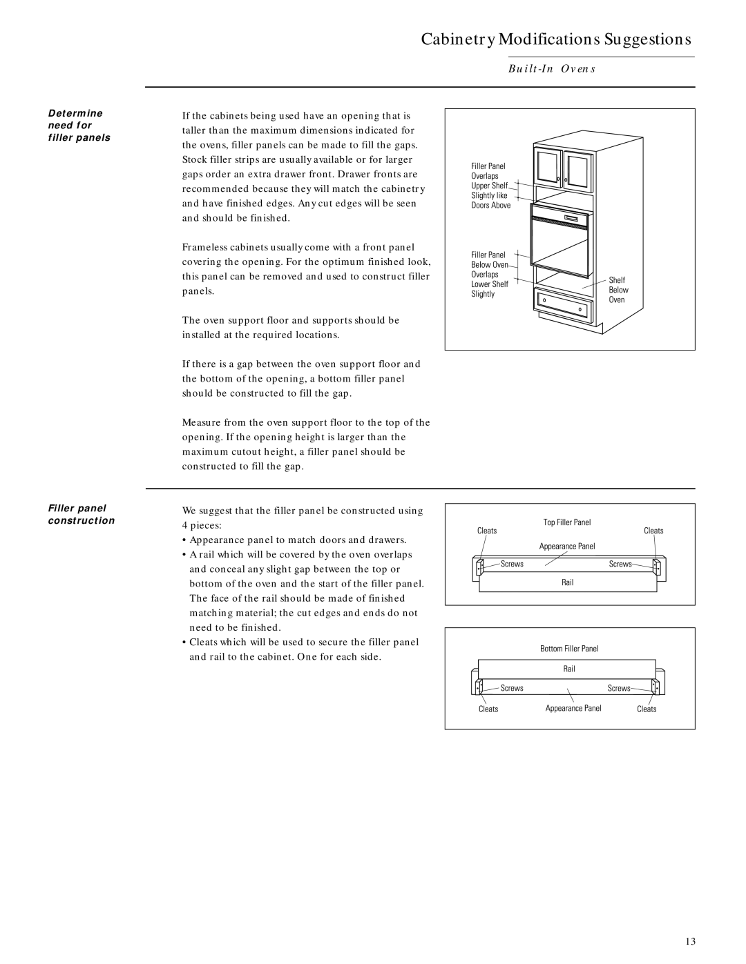 GE ZEK737WW, ZMC1090WV Cabinetry Modifications Suggestions, Determine need for filler panels Filler panel construction 