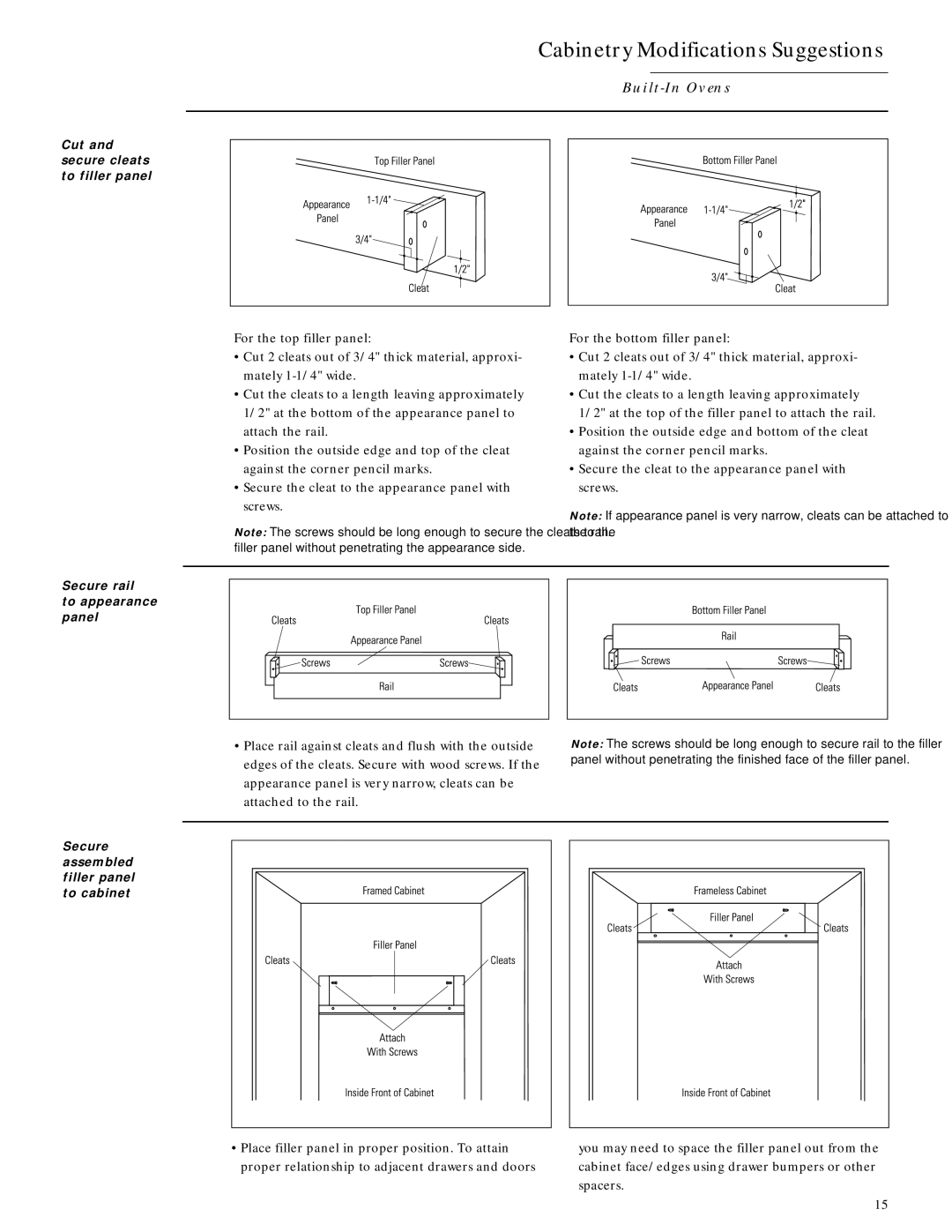 GE ZEM200WV, ZMC1090WV, ZMC1090BV, ZEK757WW, ZEK737BW Cut and secure cleats to filler panel, Secure rail To appearance panel 