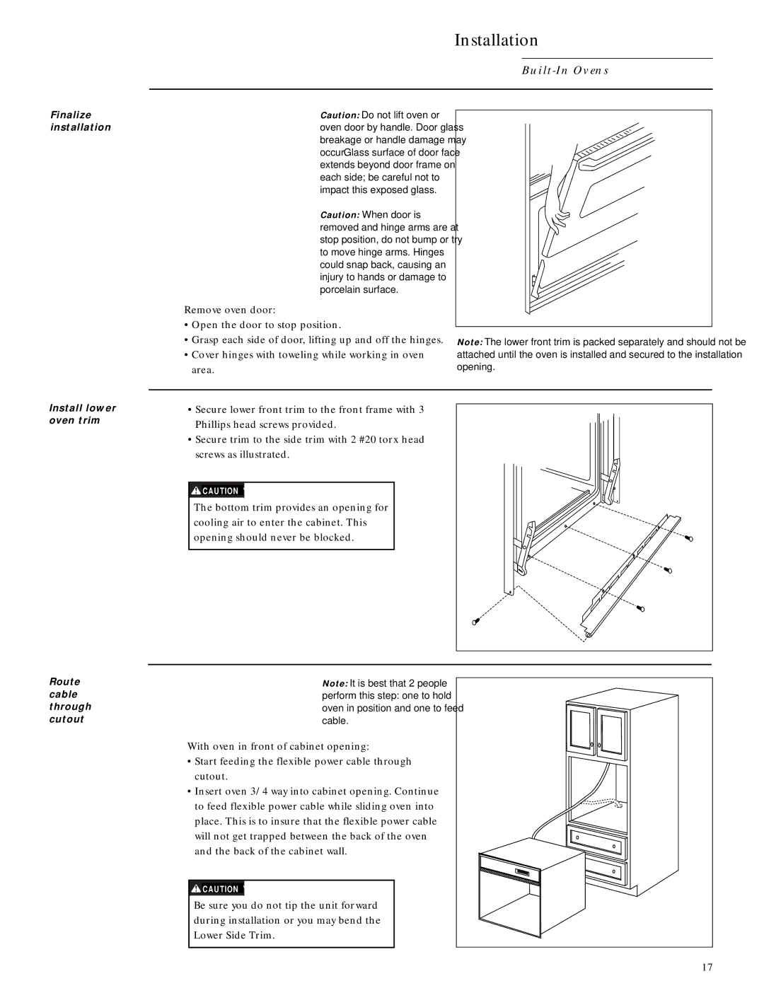 GE ZEK757WW, ZMC1090WV, ZEM200WV Finalize installation, Install lower oven trim, Route Cable, Through, Cutout Cable 