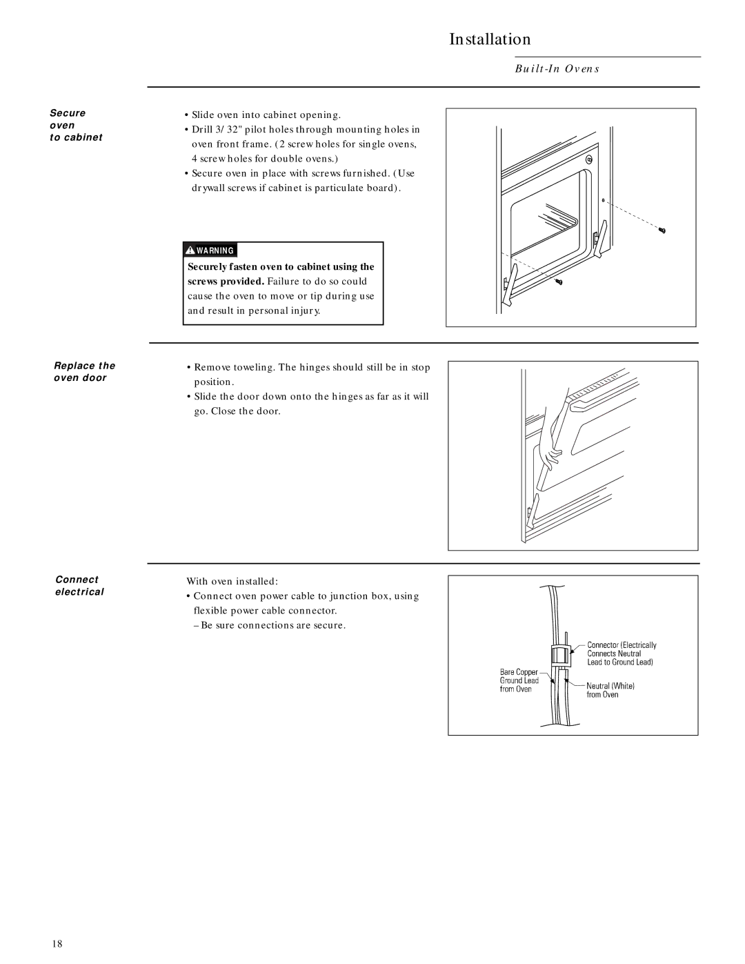 GE ZEK737BW, ZMC1090WV, ZEM200WV, ZMC1090BV, ZEK757WW, ZEK757BW, ZEK737WW Securely fasten oven to cabinet using 