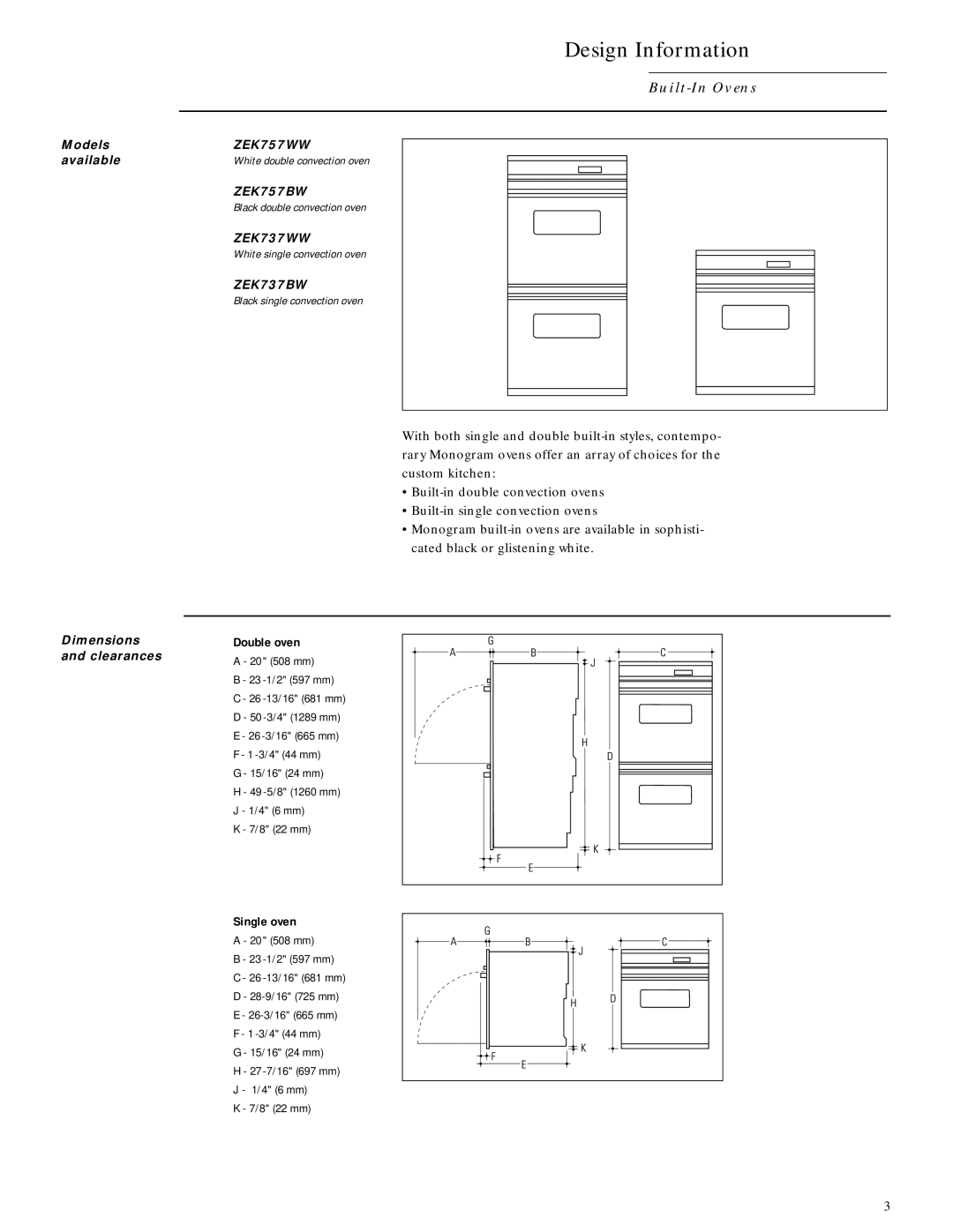 GE ZEK757WW, ZMC1090WV, ZEM200WV, ZMC1090BV, ZEK737BW Design Information, Models, Available, Dimensions and clearances 