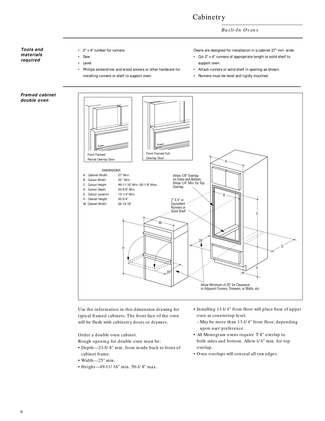 GE ZEK737WW, ZMC1090WV, ZEM200WV, ZMC1090BV, ZEK757WW Cabinetry, Tools and materials required Framed cabinet double oven 