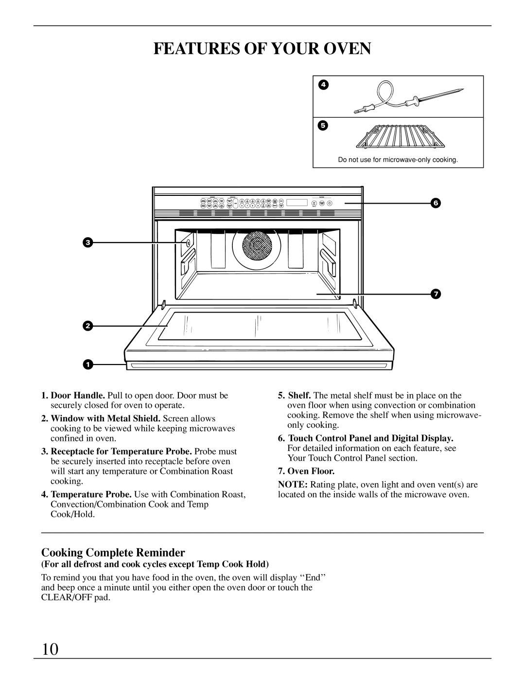 GE ZMC1095 Features of Your Oven, Cooking Complete Reminder, For all defrost and cook cycles except Temp Cook Hold 