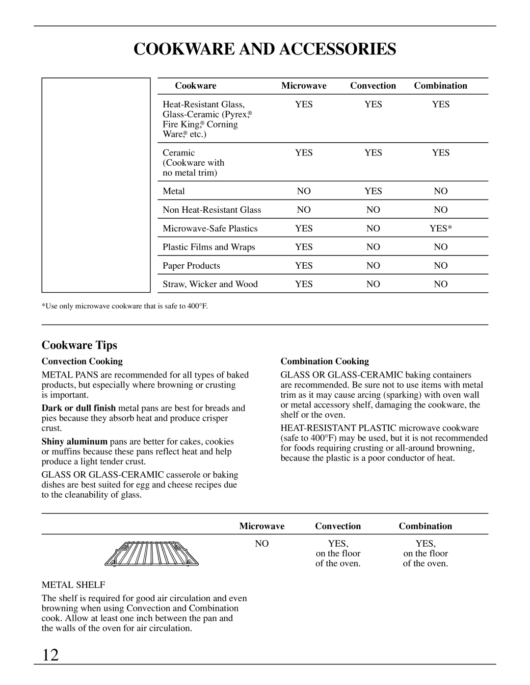 GE ZMC1095 owner manual Cookware and Accessories, Cookware Tips, Convection Cooking Combination Cooking, Microwave 