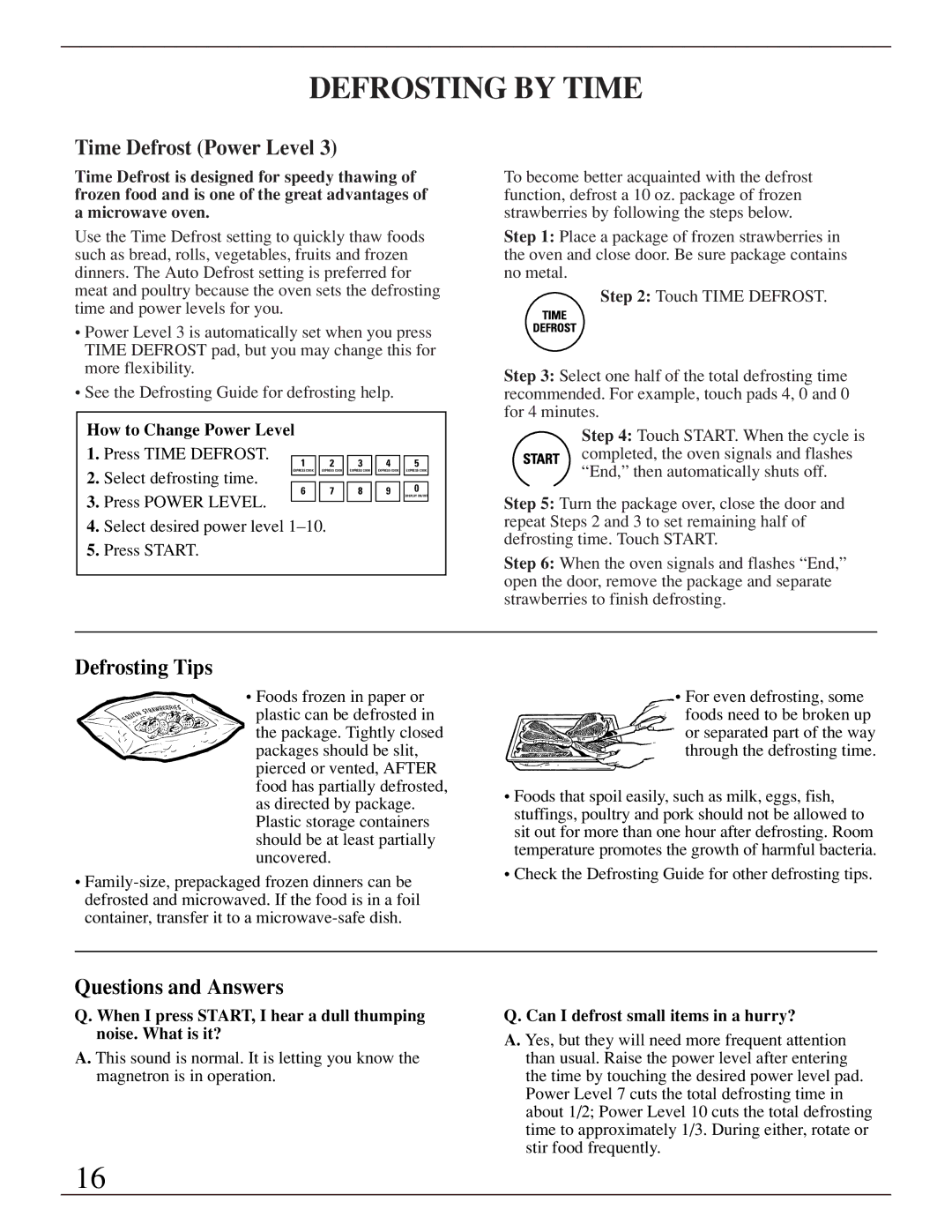 GE ZMC1095 owner manual Defrosting by Time, Time Defrost Power Level, Defrosting Tips, Questions and Answers 