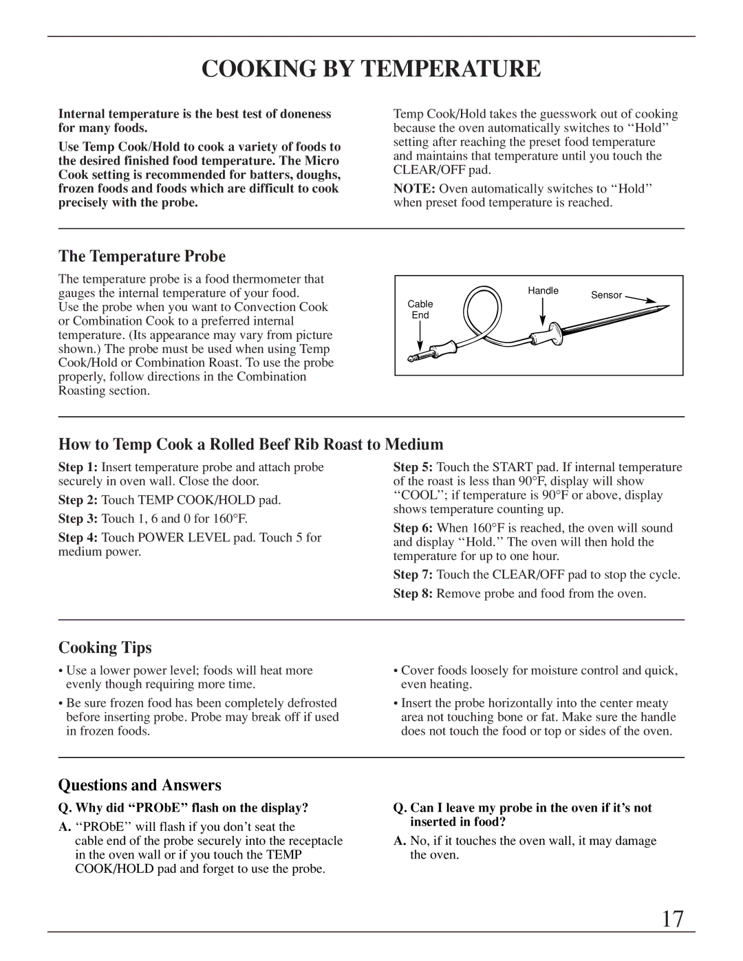 GE ZMC1095 owner manual Cooking by Temperature, How to Temp Cook a Rolled Beef Rib Roast to Medium, Cooking Tips 