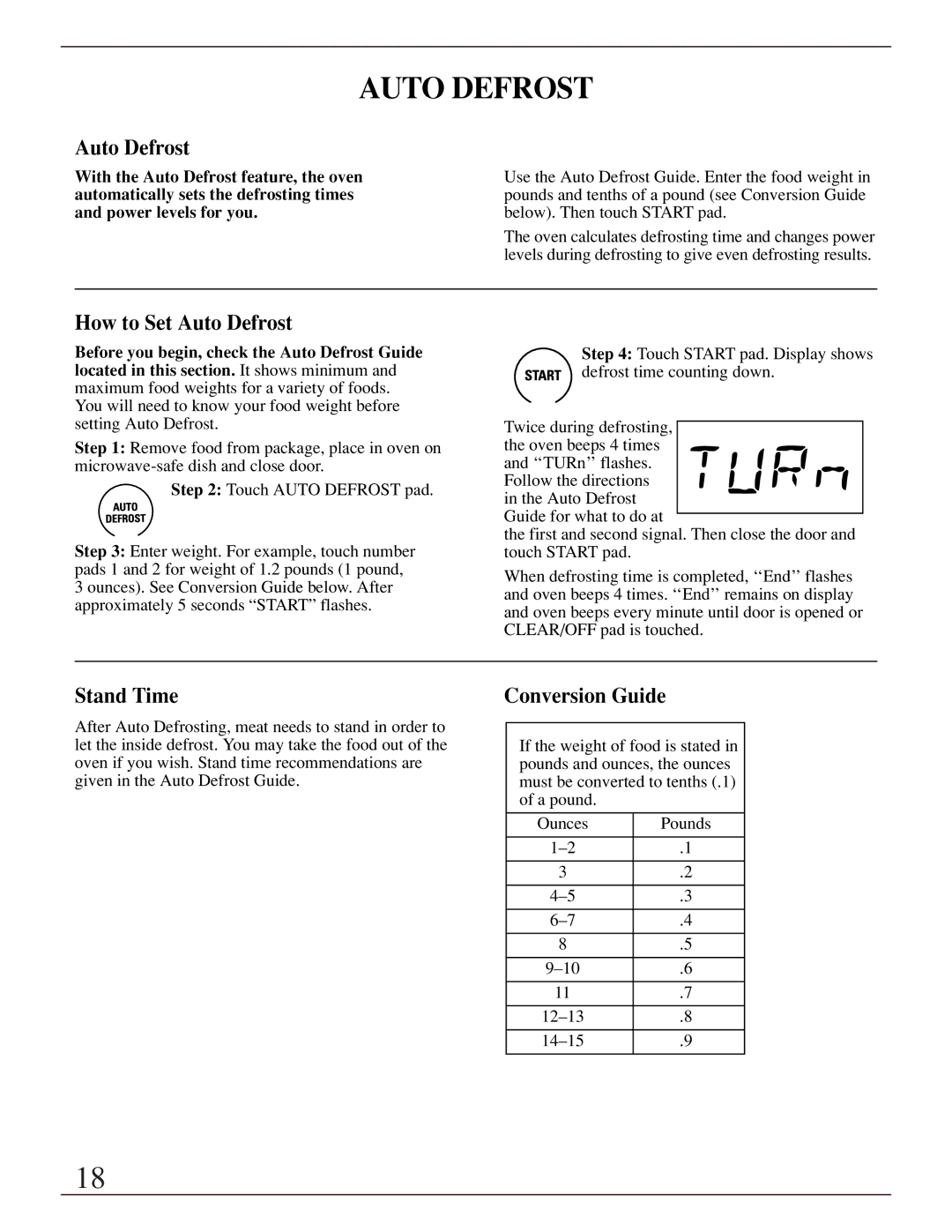 GE ZMC1095 owner manual How to Set Auto Defrost, Stand Time, Conversion Guide 