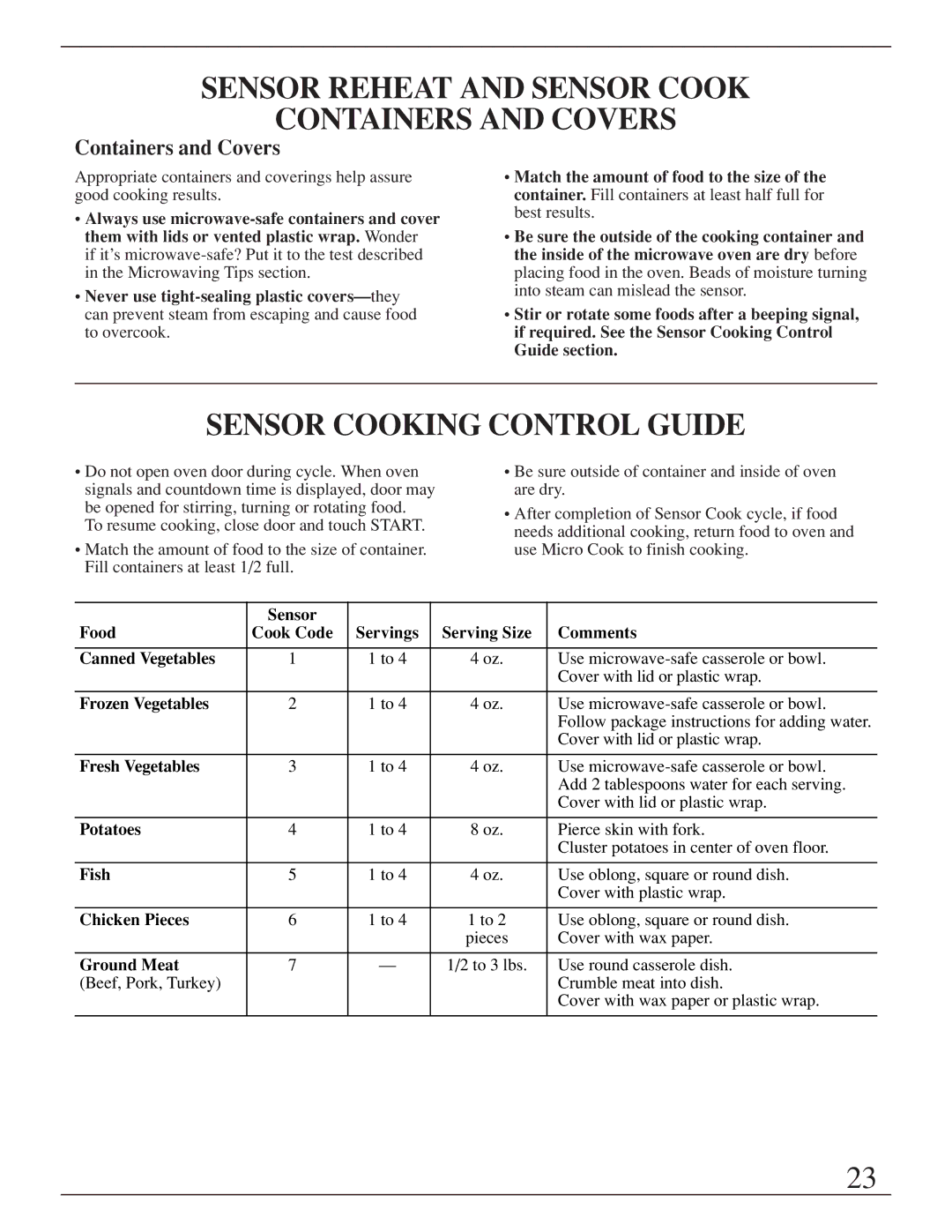 GE ZMC1095 owner manual Sensor Reheat and Sensor Cook Containers and Covers, Sensor Cooking Control Guide 