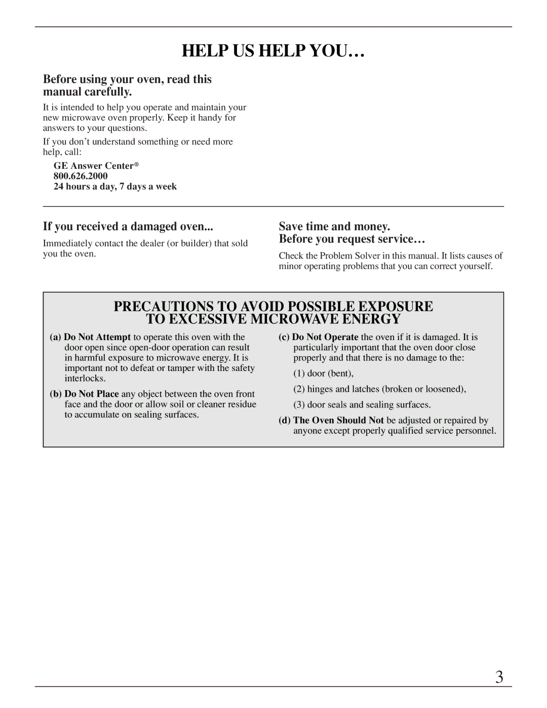 GE ZMC1095 Help US Help YOU…, Before using your oven, read this manual carefully, If you received a damaged oven 