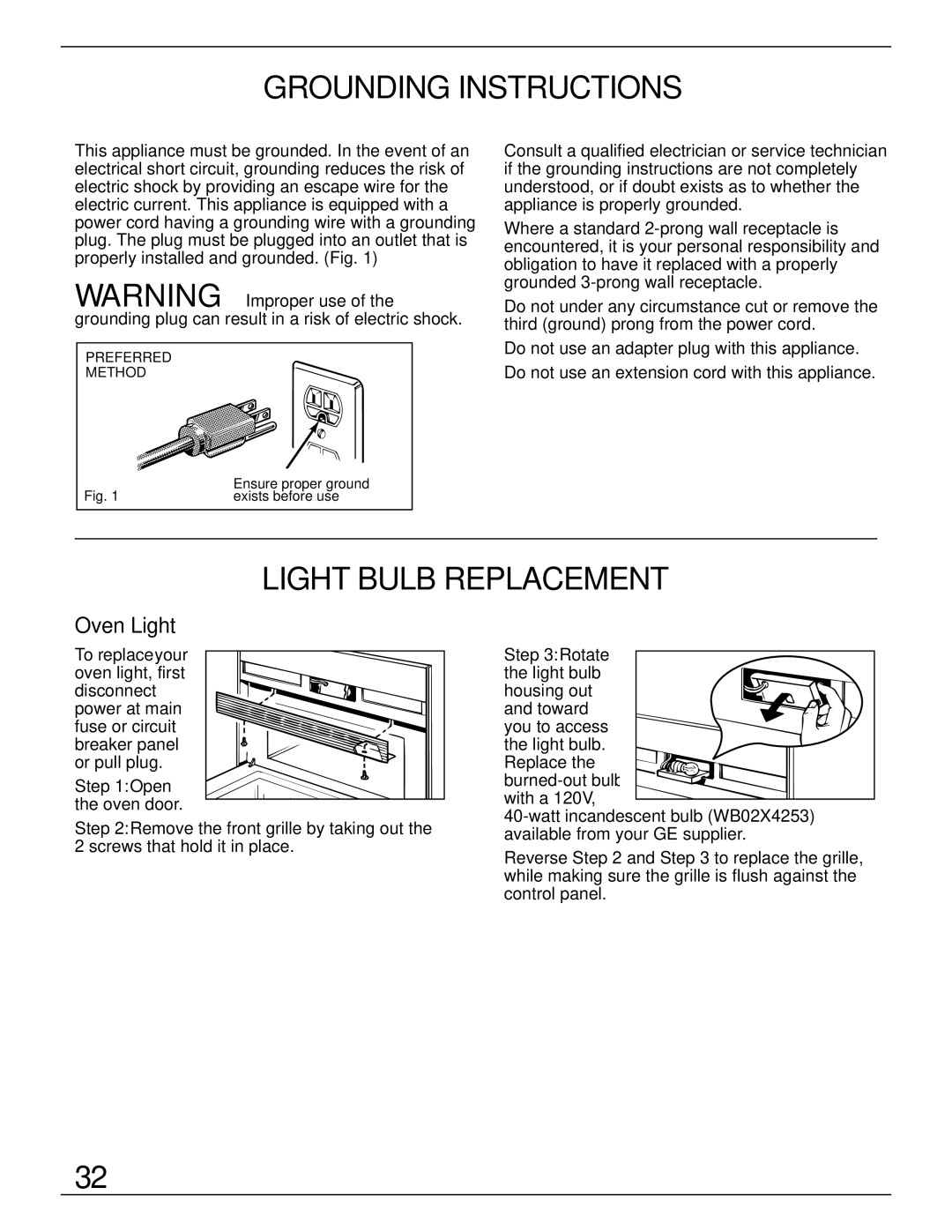 GE ZMC1095 owner manual Grounding Instructions, Light Bulb Replacement, Oven Light, Rotate the light bulb 