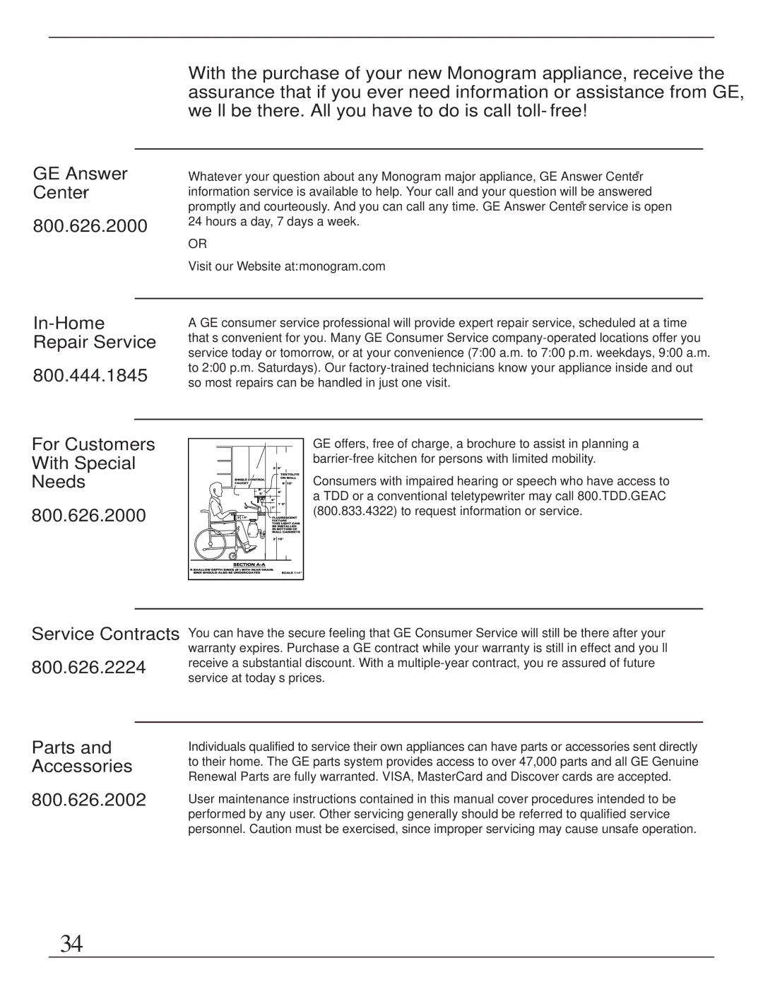 GE ZMC1095 owner manual In-Home Repair Service 800.444.1845 