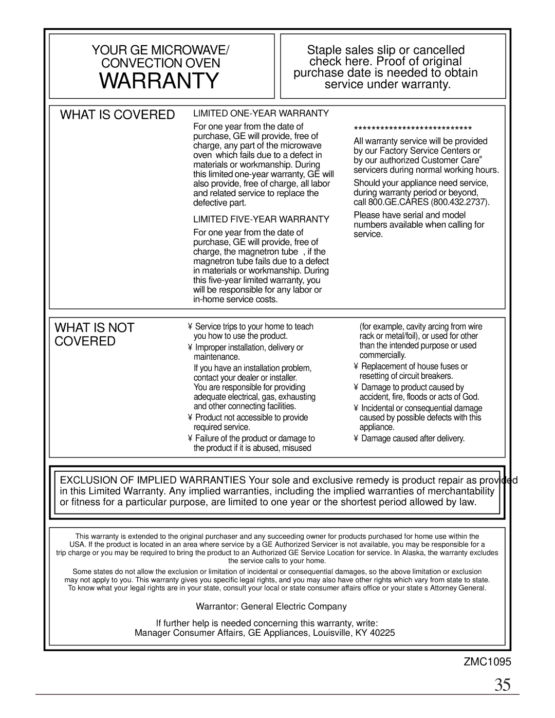 GE ZMC1095 owner manual Warranty 