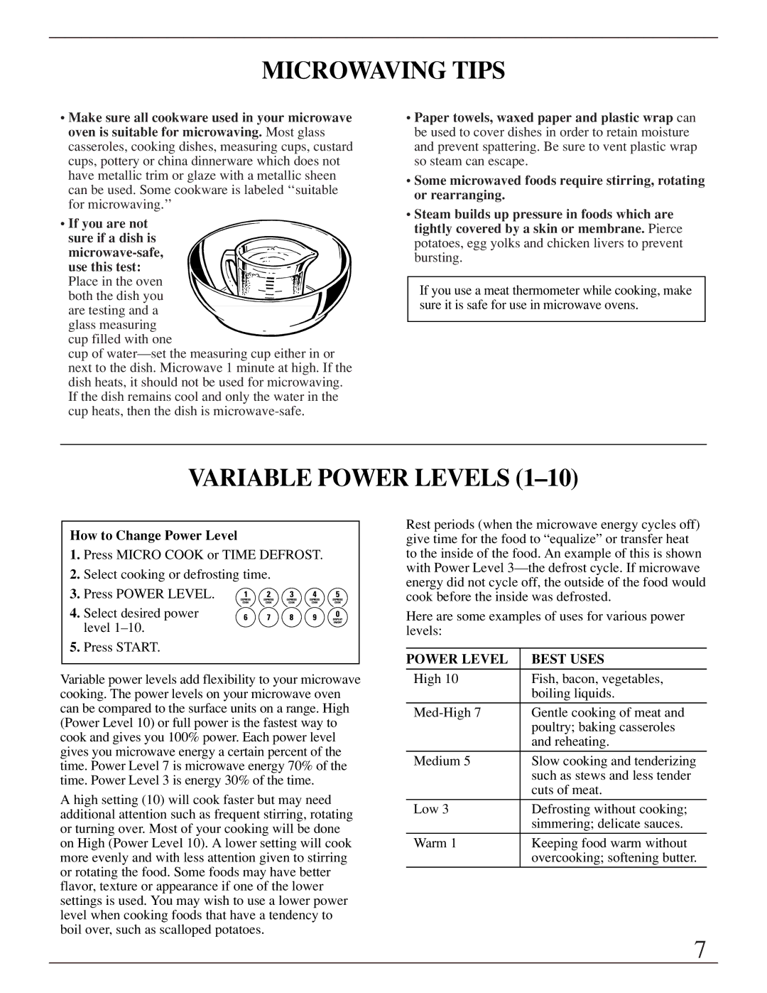 GE ZMC1095 owner manual Microwaving Tips, Variable Power Levels, How to Change Power Level 