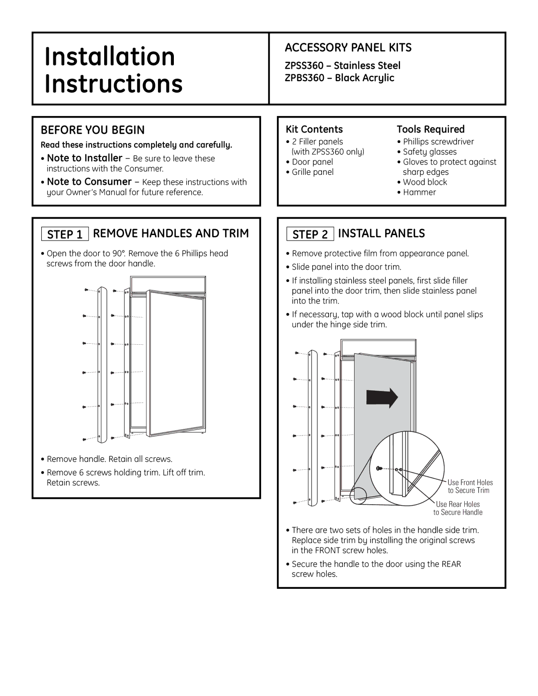 GE ZPBS360 installation instructions Installation Instructions, Accessory Panel Kits, Before YOU Begin, Install Panels 