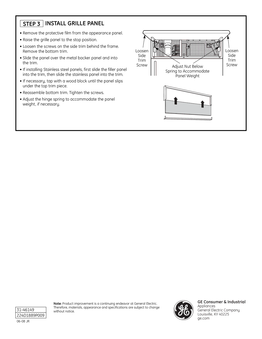 GE ZPSS360, ZPBS360 installation instructions Install Grille Panel 