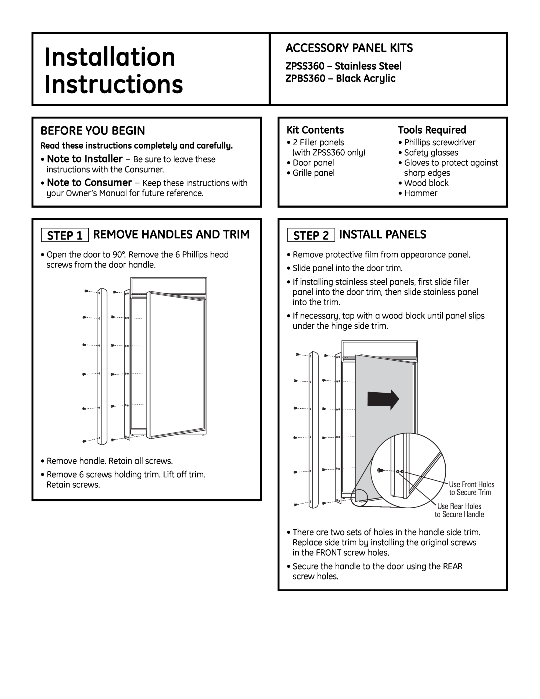 GE ZPBS360 installation instructions Accessory Panel Kits, Before You Begin, Remove Handles And Trim, Install Panels 