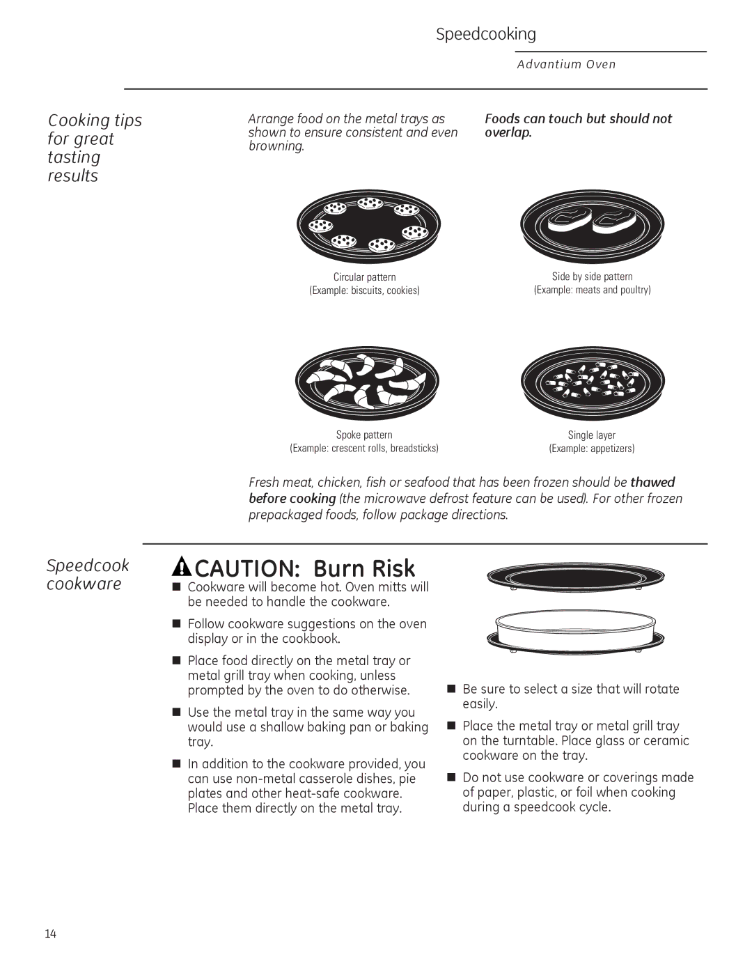 GE ZSA2201 owner manual Cooking tips for great tasting results, Speedcook cookware, Overlap 