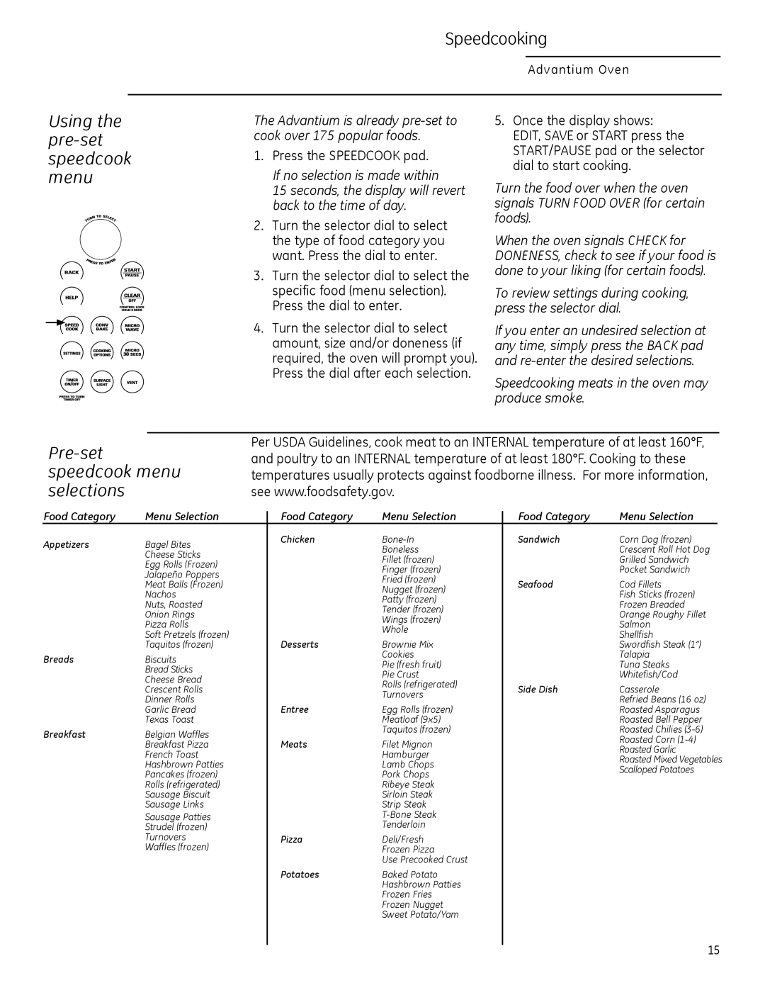 GE ZSA2201 owner manual Pre-set speedcook menu selections, Using the pre-set speedcook menu, Press the Speedcook pad 