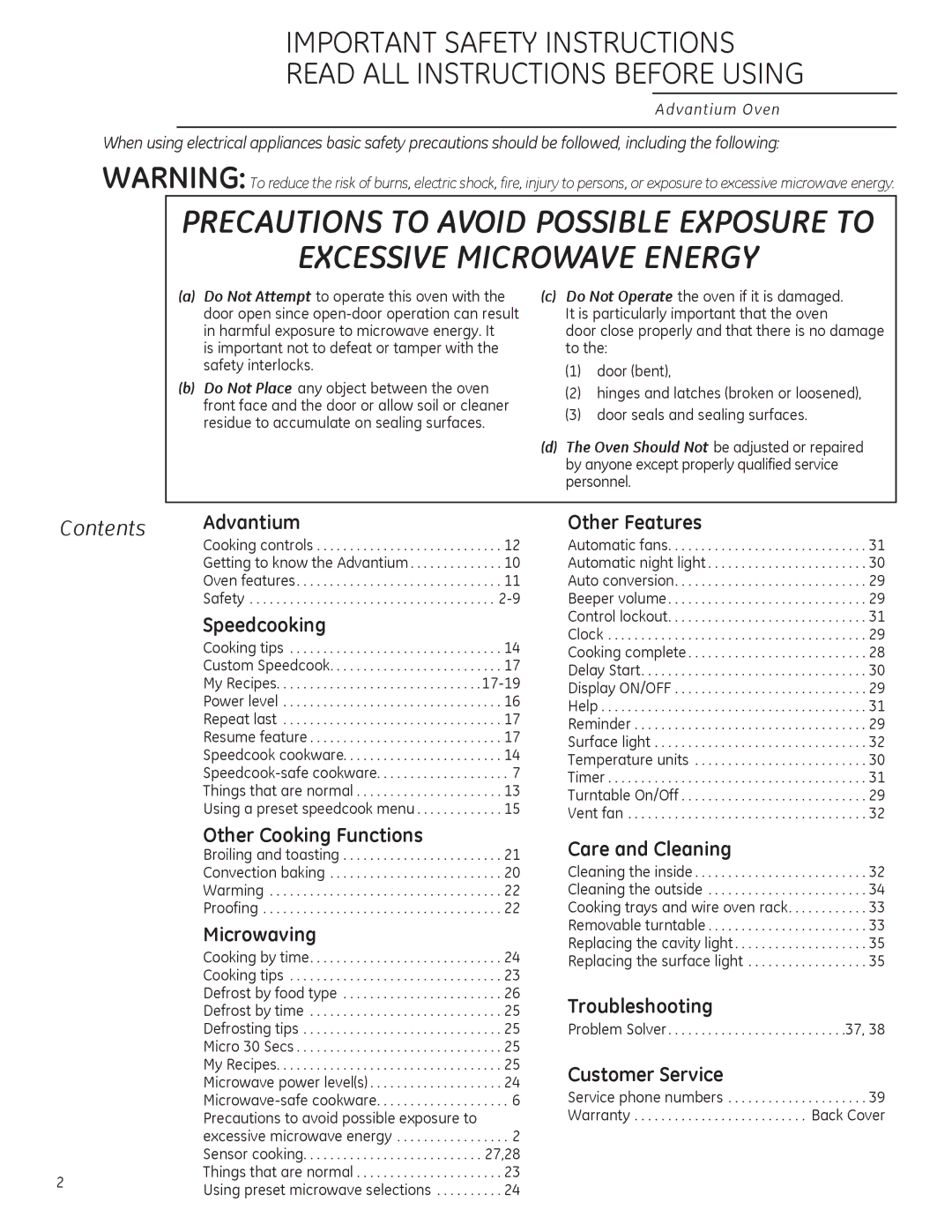 GE ZSA2201 owner manual Excessive Microwave Energy, Contents 