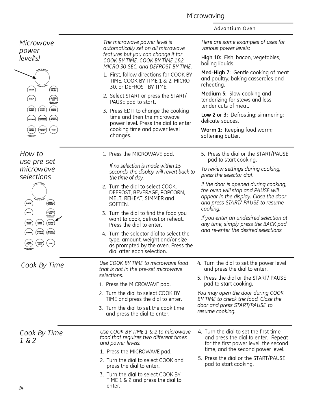 GE ZSA2201 owner manual Microwave power levels, How to use pre-set microwave selections, Cook By Time Cook By Time 1 