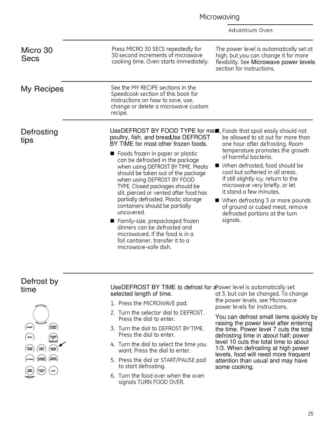 GE ZSA2201 owner manual Micro 30 Secs My Recipes, Defrosting tips Defrost by time, Press Micro 30 Secs repeatedly for 