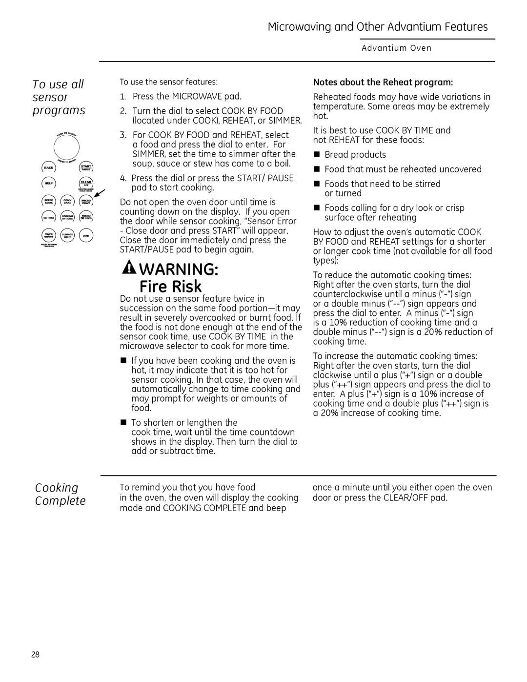 GE ZSA2201 owner manual Microwaving and Other Advantium Features, To use all sensor programs, Cooking Complete 