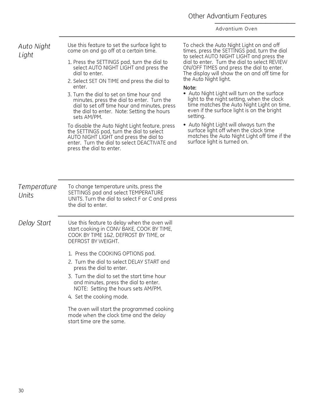 GE ZSA2201 owner manual Delay Start, Auto Night Light, Temperature Units 