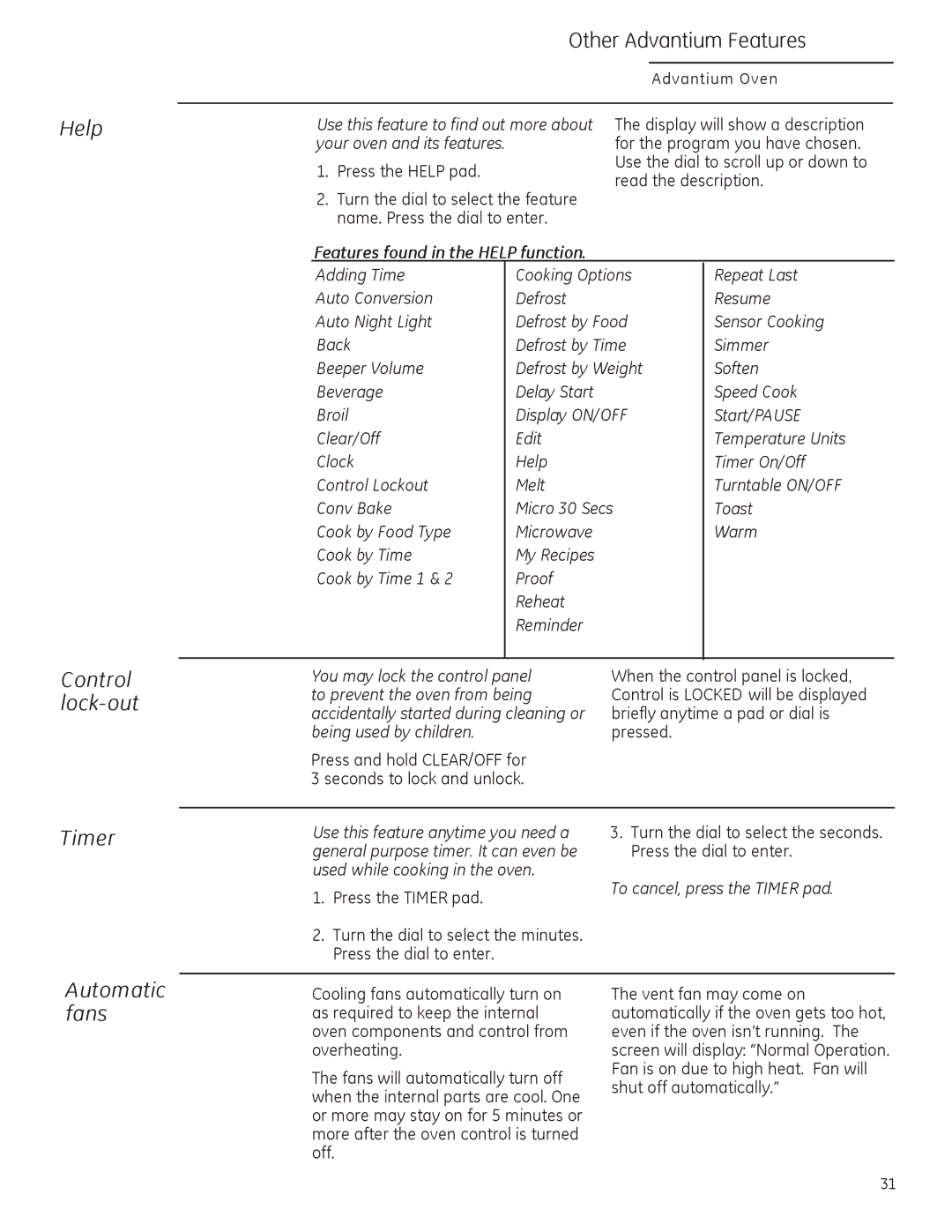 GE ZSA2201 owner manual Control lock-out, Timer Automatic fans, Clock Help Timer On/Off Control Lockout Melt 