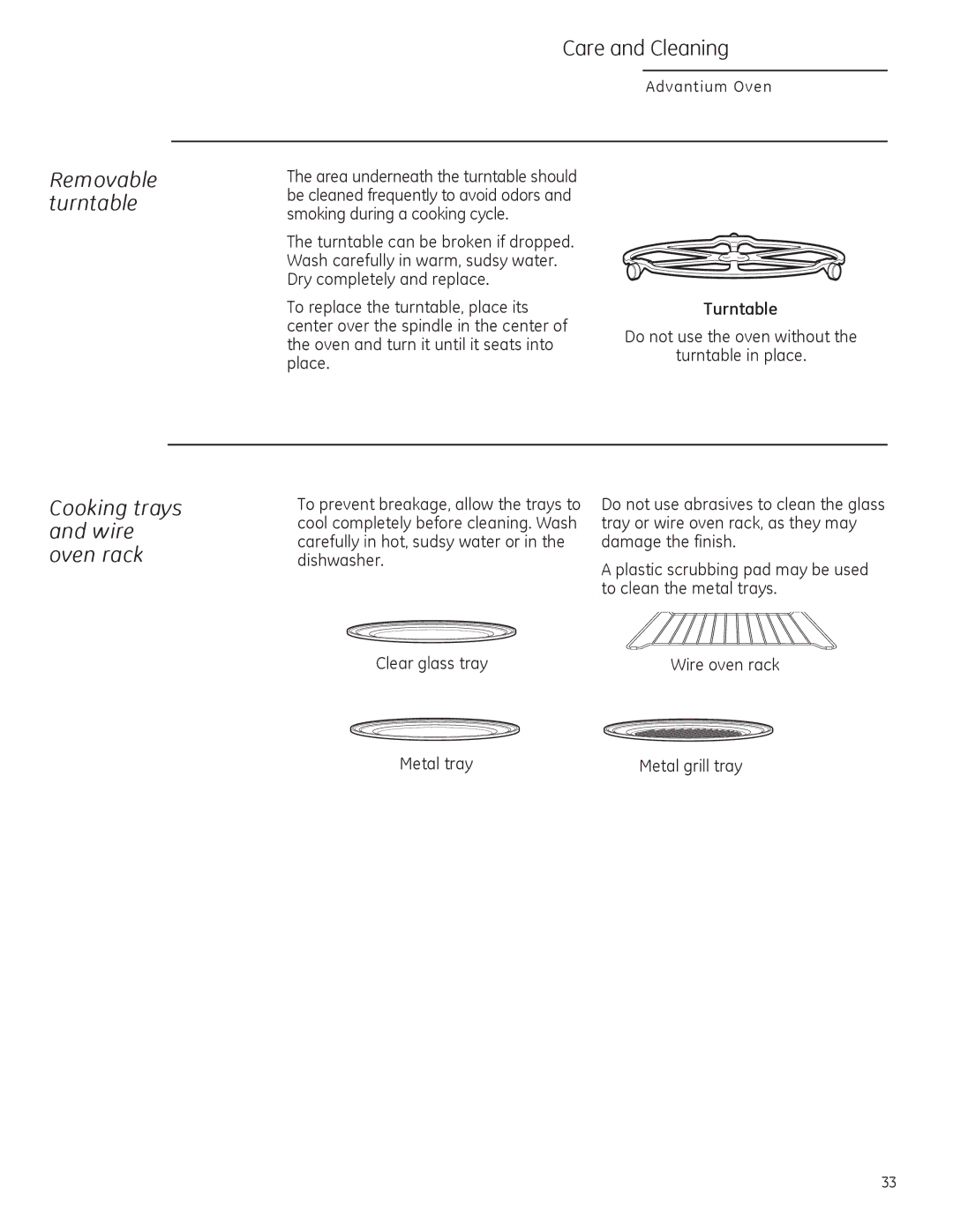 GE ZSA2201 owner manual Cooking trays and wire oven rack, Removable turntable, Turntable, Metal tray Metal grill tray 