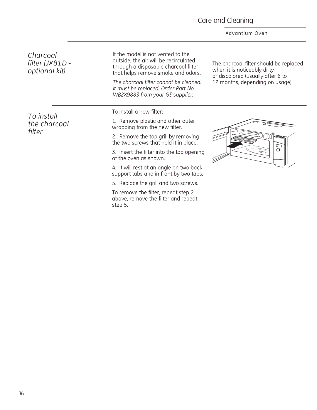 GE ZSA2201 owner manual To install a new filter, Insert the filter into the top opening of the oven as shown 